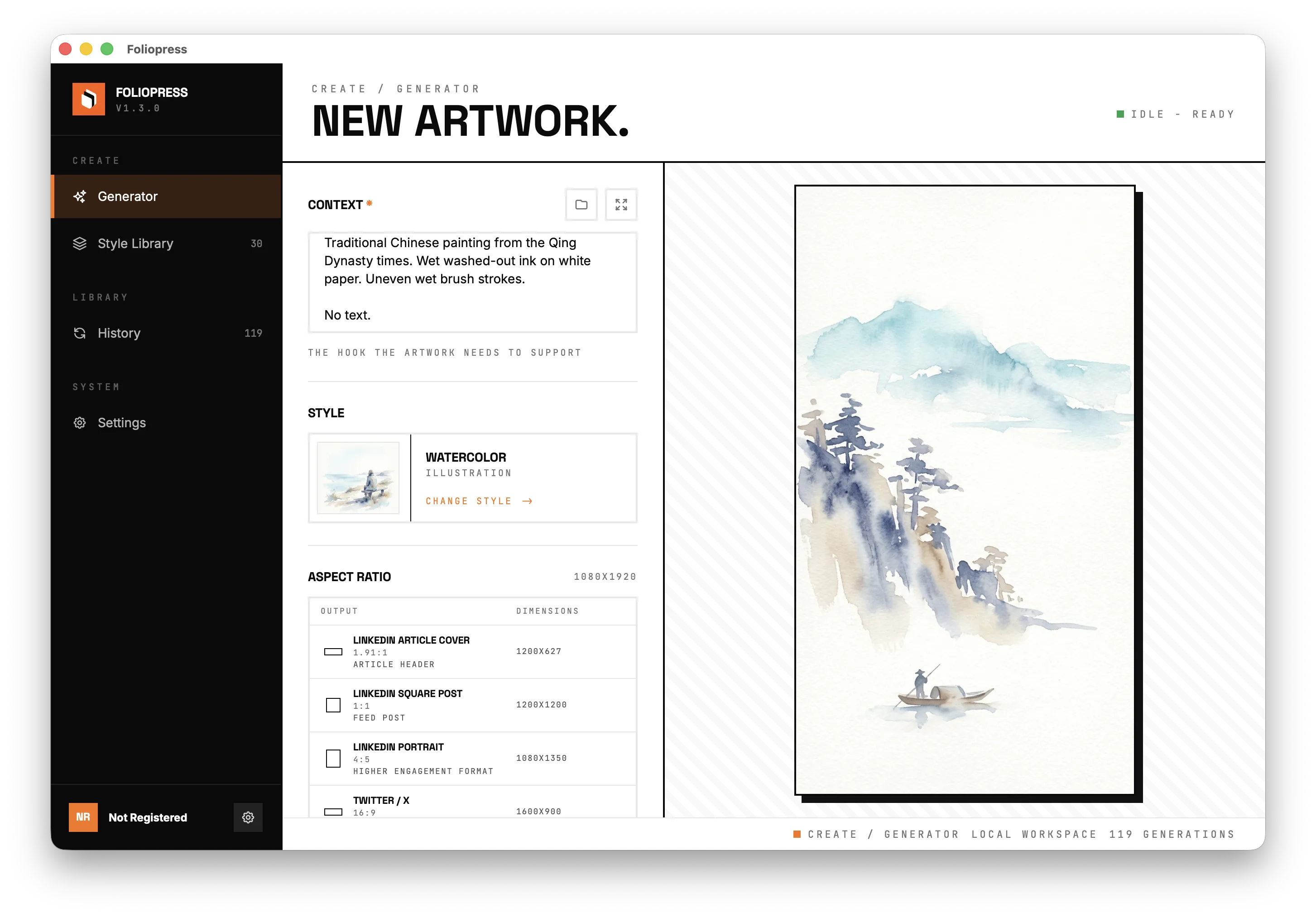 Foliopress generator screen showing post context, selected style, aspect ratios, and artwork preview
